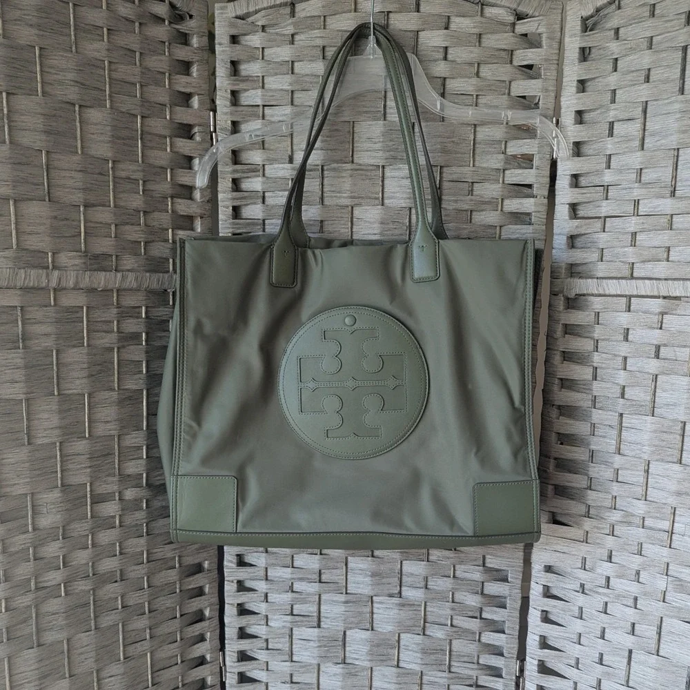 Tory Burch Ella Tote Olive Green Nylon Vegan Leather Trim Logo Patch Lg Designer